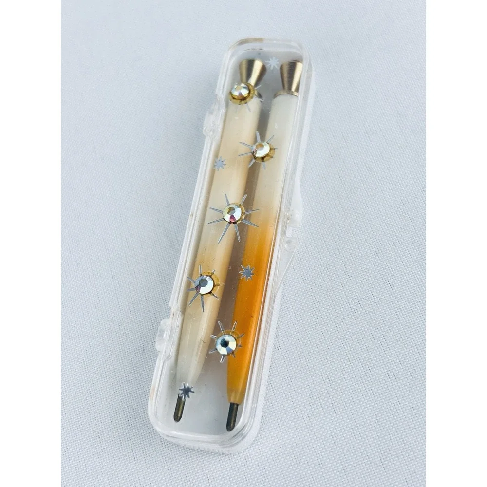 Vintage MCM Peach White Jewel Plastic Pen Set Rhinestone Case Mini‎ Purse Travel